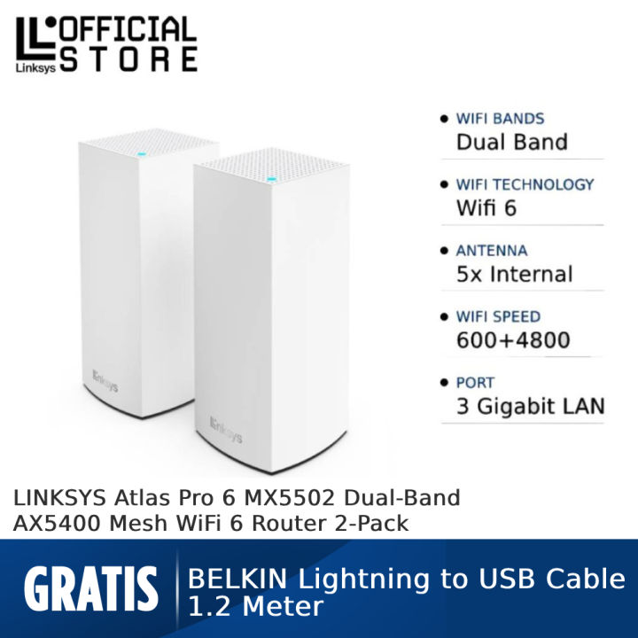 LINKSYS Atlas Pro 6 MX5502 Dual Band AX5400 Mesh WiFi 6 Router 2 Pack