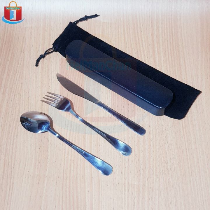 ALAT MAKAN SET STAINLESS STEEL SENDOK GARPU PISAU KOTAK POUCH