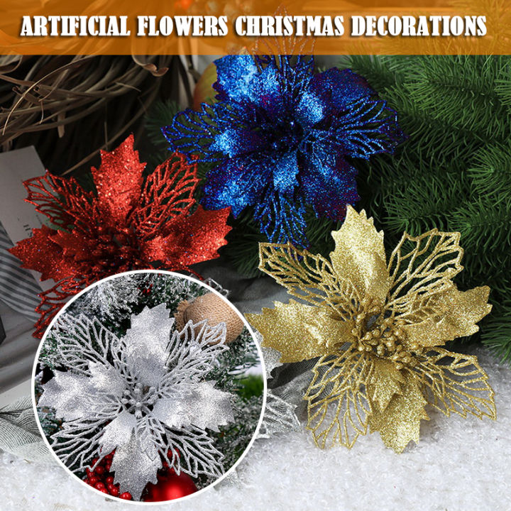 5Pcs Christmas Flowers Artificial Poinsettia Xmas Tree Decor Diy