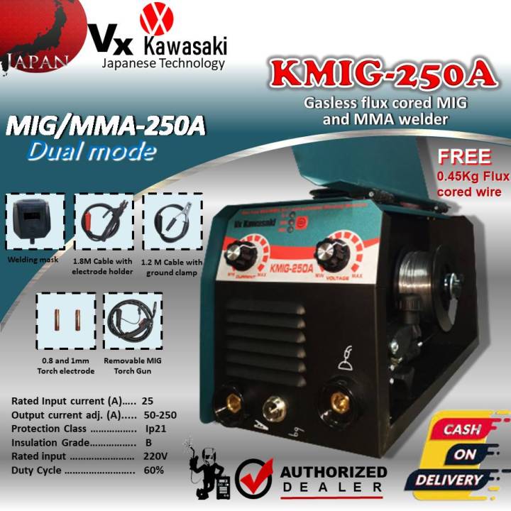 VX Kawasaki KMIG 250A 2 In 1 Gasless Mig MMA Stick Inverter Welding