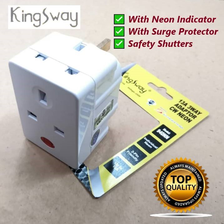 SIRIM KINGSWAY 13A 3 Way Adaptor CW Neon With Safety Shutter Surge