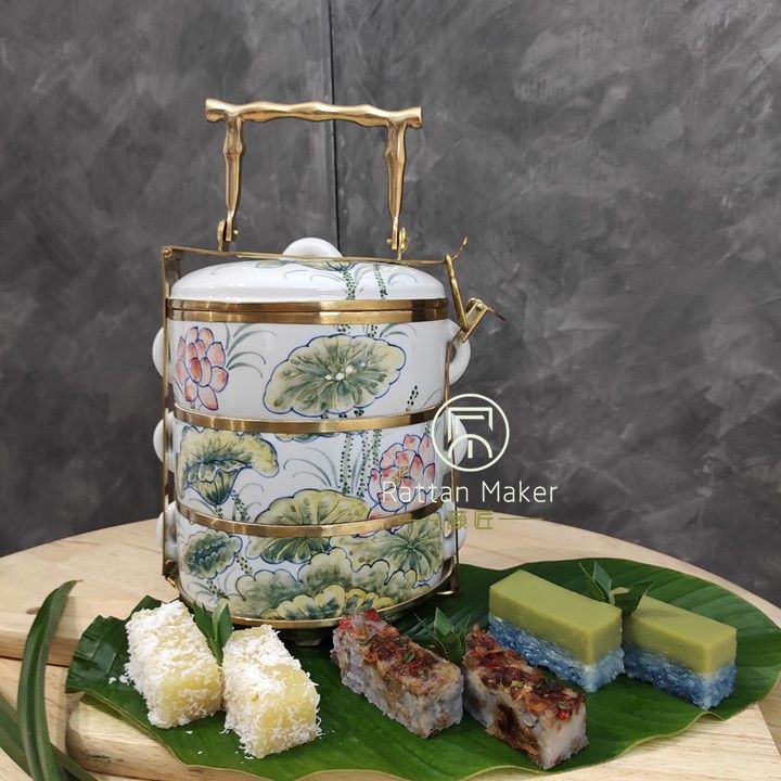 Lotus Ceramic Tiffin With Brass Handle Traditional Elegant Tiffin