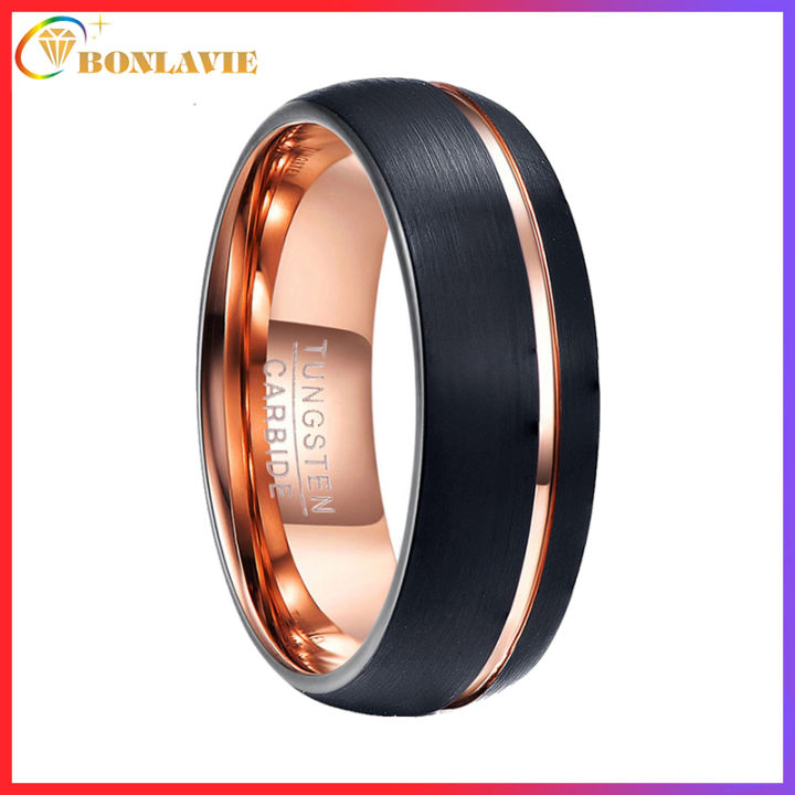 Bonlavie Rose Gold Tungsten Carbide Wedding Band Ring Grooved Black