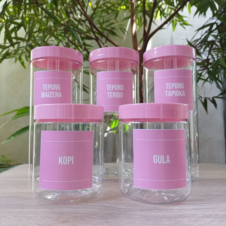 Toples Plastik Tempat Bumbu Dapur Warna Pink Pastel Gratis Stiker Label