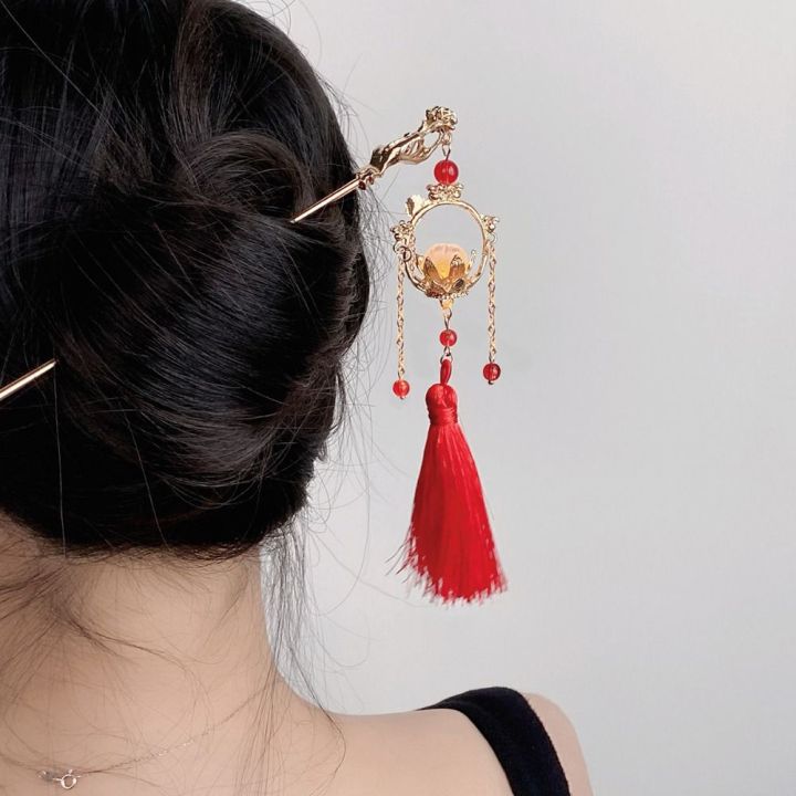 Poyan Lotus Flower Lantern Hair Pin Metal Tassel Chinese Style Hair