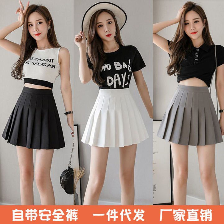 Women Mini Skirt High Waist Solid Color Pleated Skirt Short Skirt A