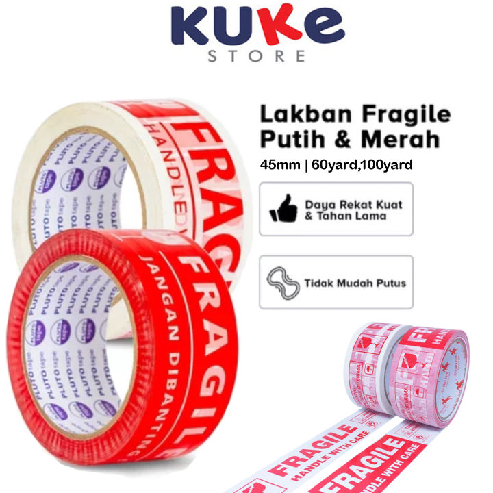 KUKE LAKBAN FRAGILE 45mm X 60yard 45mm X 100 Yard Lakban Fragile Merah