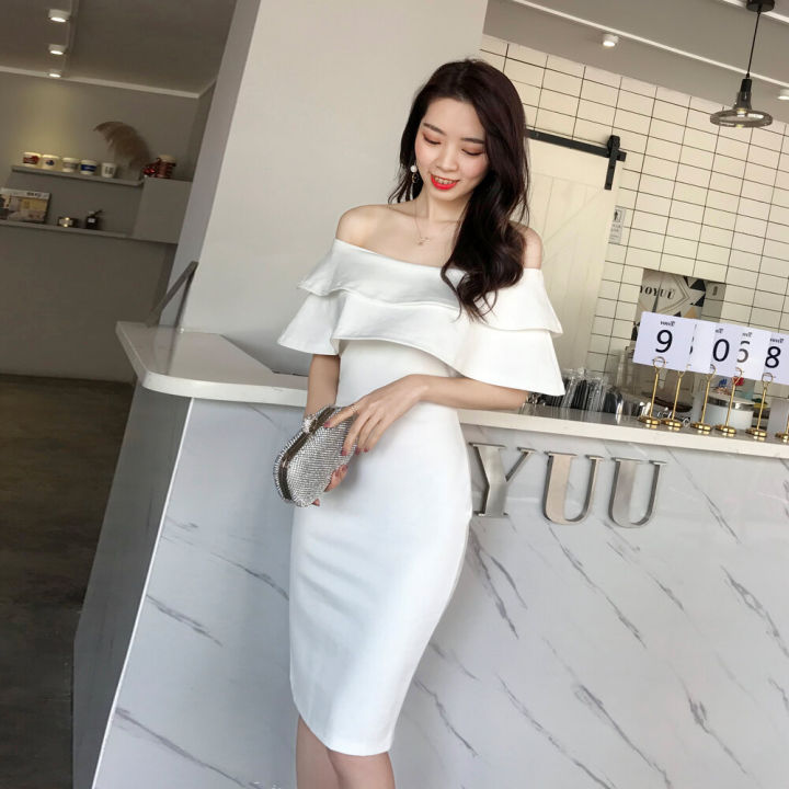 Summer Off Shoulder Pure Color Slim Fit Midi Dress Lazada PH