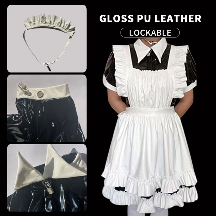 Lingerie Bondage Gloss PU Lockable Maid Fetish PVC Dress Outfit With