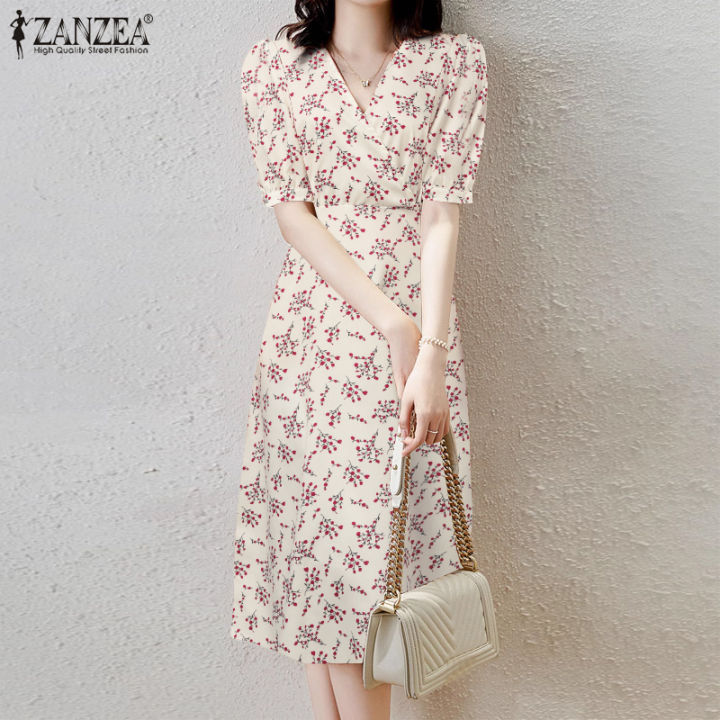 ZANZEA Korean Style Womens Floral Printed Sundress OL Work Puff Sleeve