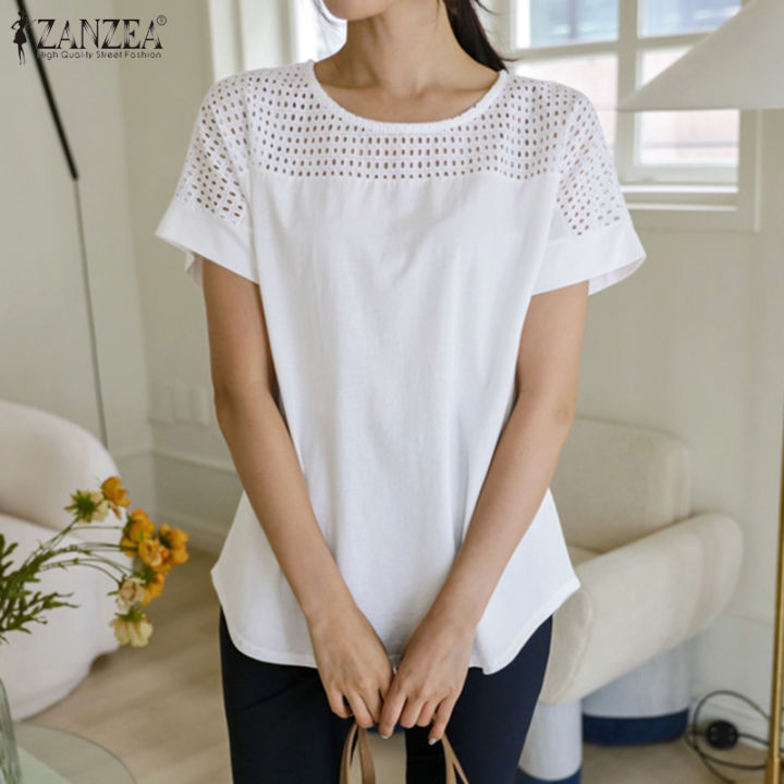 ZANZEA Korean Style Womens Casual Lace Patchwork T Shirts Short Sleeve