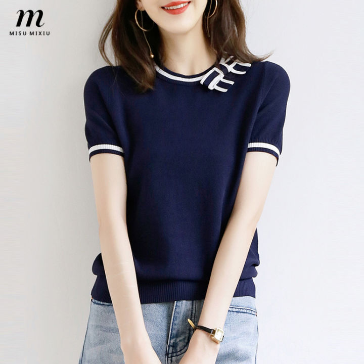 MISUMIXIU Navy Blue Short Sleeved Sweater Women S 2023 Summer New Bow