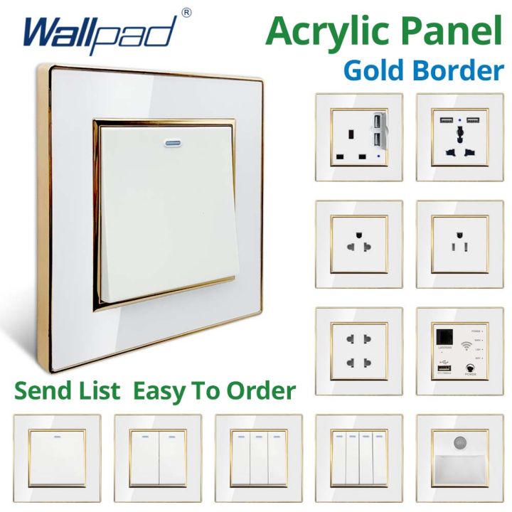 Wallpad Us Uk Sockets And Switches V White Acrylic Panel With Gold