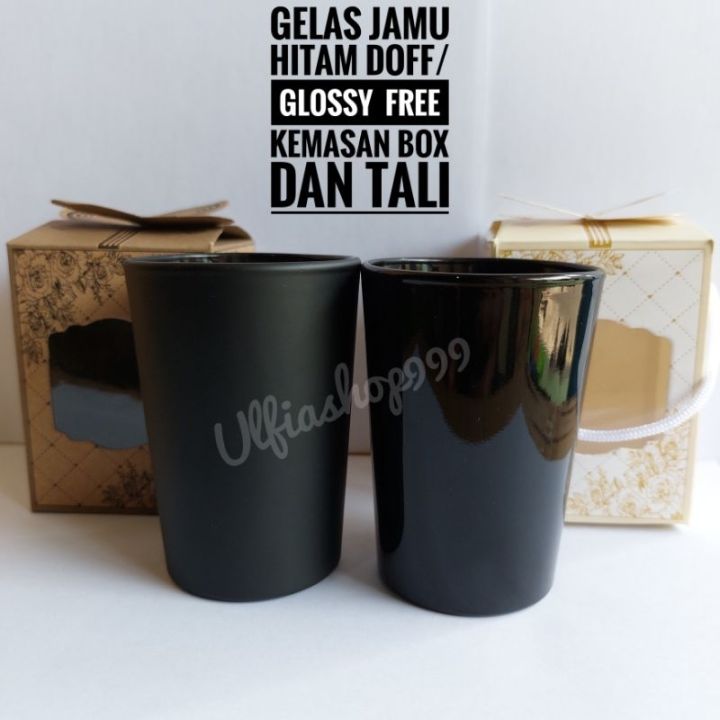 Souvenir Gelas Lu Jamu Hitam Doff Glossy Dan Putih Glossy Free Kemasan