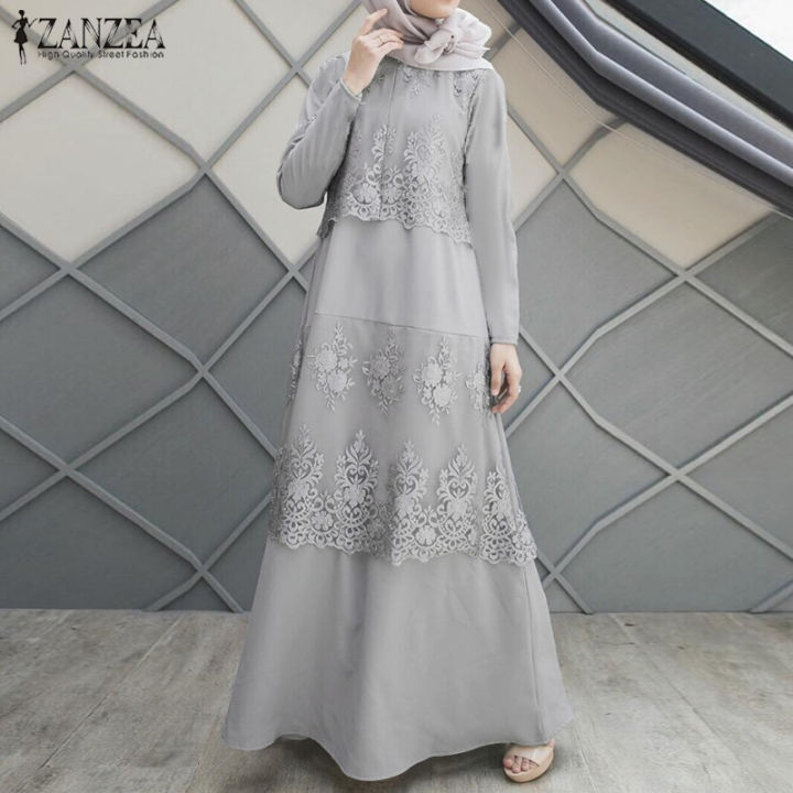 Esolo Zanzea Womens Long Sleeve Lace Tiered A Line Abaya Muslim Dubai