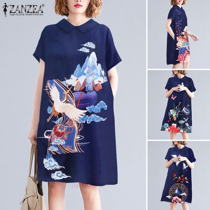 Esolo ZANZEA Korean Style Women Print Midi Dress Evening Holiday Doll