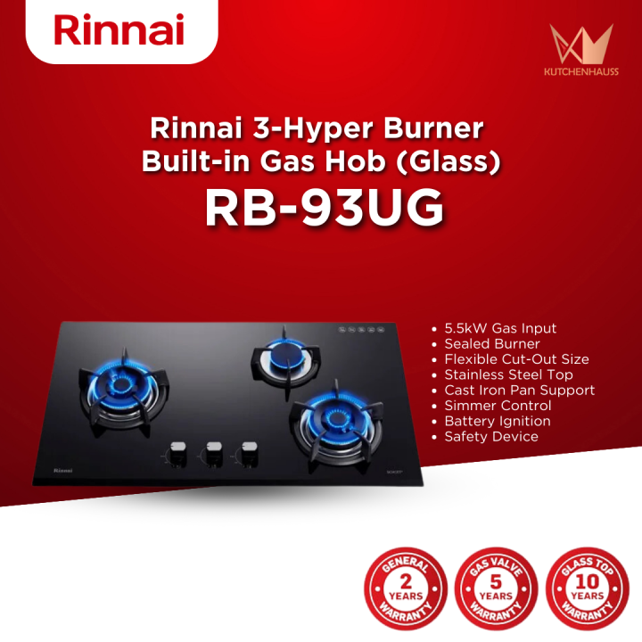 Rinnai 3 Hyper Burner Built In Gas Hob RB 93UG Glass Lazada