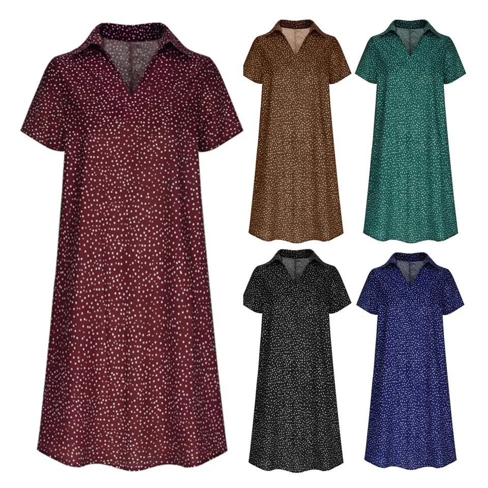 Summer Dress Dot Printing Short Sleeves Loose A-line Shirt Dress V Neck  Knee Length Midi Dress for Dating Travel Vacation | Lazada PH