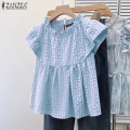 ZANZEA Women Summer Casual Crew Neck Blouses Cap Sleeve Plaid Printed Girlish Thin Top #0428. 