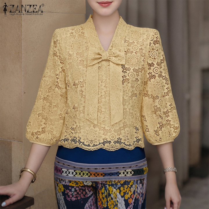 ZANZEA%20Korean%20Style%20Women%20Trendy%20Bowknot%20Lace%20Patchwork%20Blouses%203/4%20Sleeve%20V-Neck%20Plain%20OL%20Top%20#0922%20-%20Image%209