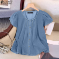 ZANZEA Women Fashion Crew Neck Shirt Button Up Raglan Sleeve Pleated Solid Color Top #0616. 