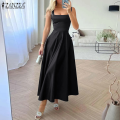 Esolo ZANZEA phụ nữ satin không tay cổ vuông Đầm midi buổi tối Swing bên đầm màu trơn #14. 