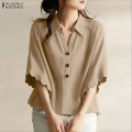 ZANZEA Korean Style Women Office Half Sleeve Wave Edge Blouses Shirt Collar Solid Color Work Top #0104. 