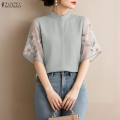 ZANZEA Korean Style Women Stylish Stand Collar Short Sleeve Blouses Floral Print Patchwork Daily Top #1201. 