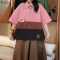 ZANZEA Women Vintage Casual Turn-Down-Collar Shirt Raglan Sleeve Cartoon Print Casual Top #0922. 