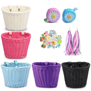 Stylish Rattan Bicycle Basket 4-Piece Set with Bell Tassel and Sticker Handwoven Storage for Bike Riders