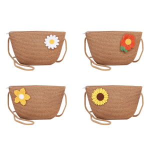 Women Straw Weave Flower Zipper Beach Vacation Shoulder Messenger Crossbody Bag