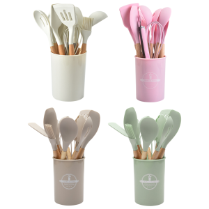 MOJOYCE 12Pcs Kitchen Utensil Set Non-Stick Spatula Set Wooden Handle with Holder Spatula Spoon Brush Whisk for Home Kitchen