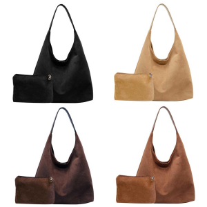 Women Suede Shoulder Bag Large Capacity Bucket Bag Trendy with Pocket Hobo Bag for Work Travel Shopping