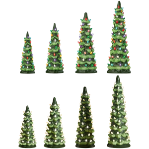 【Ready】【Vktech】 Retro Hand-Painted Tabletop Christmas Trees with LED Lights Christmas Tree Ornament Hand-Painted Resin Christmas Tree for Tabletop Home Festive Decor