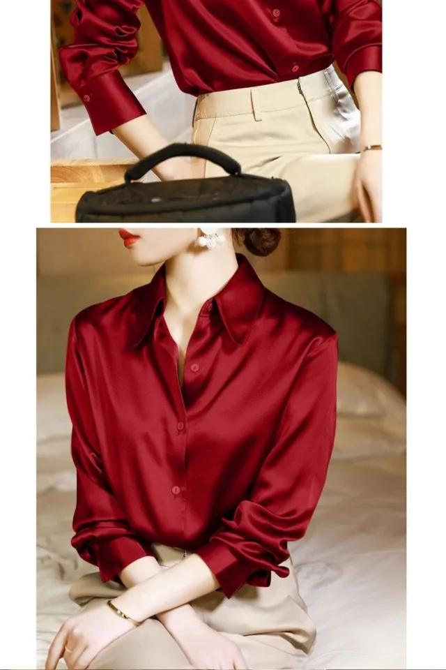 WOU&EY Women Korean Style Satin Blouse Women Long Sleeve Loose Silk Office  Shirt Blouse Top