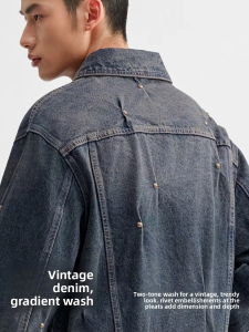 CHINISM | Rivet Pleated Stonewashed Distressed Denim Jacket