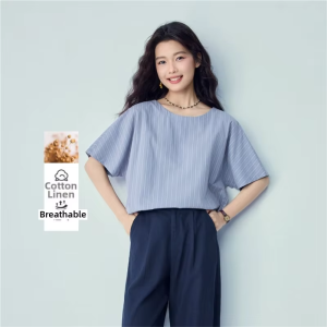 Giordano | Stripe Loose Fit Flared Batwing Sleeve Cotton Linen Womens Shirt