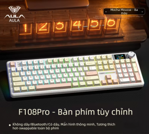 AULA | Bàn Phím Cơ Không Dây 3 Chế Độ F108 Pin 8000mAh Có Màn Hình Và Núm Xoay
