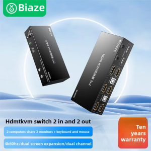 biaze | HDMI 2-in-2-out KVM Switch with External Buttons 4K60Hz Dual Screen Sharing