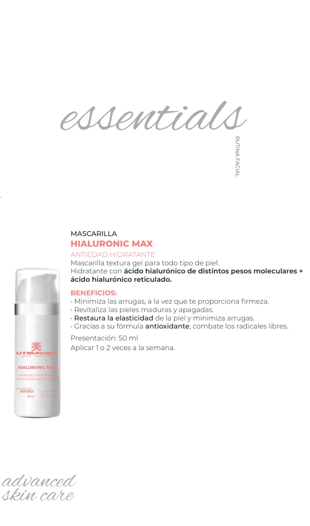 Mascarilla Hialuronic Max de Utsukusy. La Hialuronic Max de Utsukusy es una mascarilla en textura gel diseñada para proporcionar una hidratación profunda y un efecto antiedad visible en todo tipo de pieles. - 1
