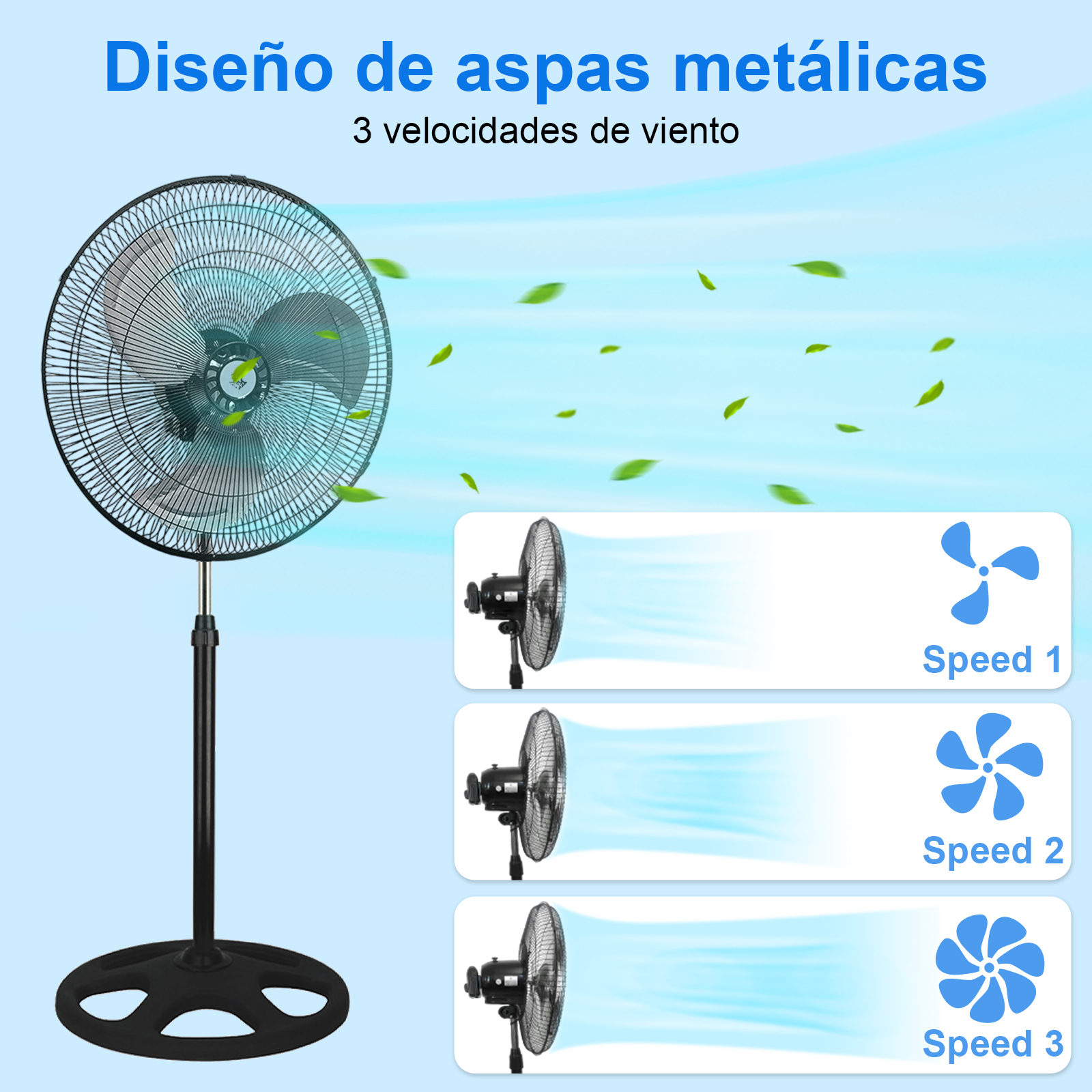 Ventilador de pie silencioso potente 80W y 18" Altura regulable 58-90cm y 3 Velocidades. Novedad con aspas Métalicas | Artree - 1
