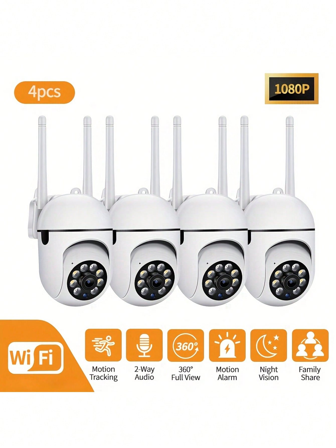 4PCS Cámara de Seguridad Doméstica inteligente HD 1080p - Visión Nocturna en color para todo type de clima, Panorámica/inclinación/zoom, monitor de mascotas con alertas de Movimiento-Cámara de Seguribad Móvil - 1