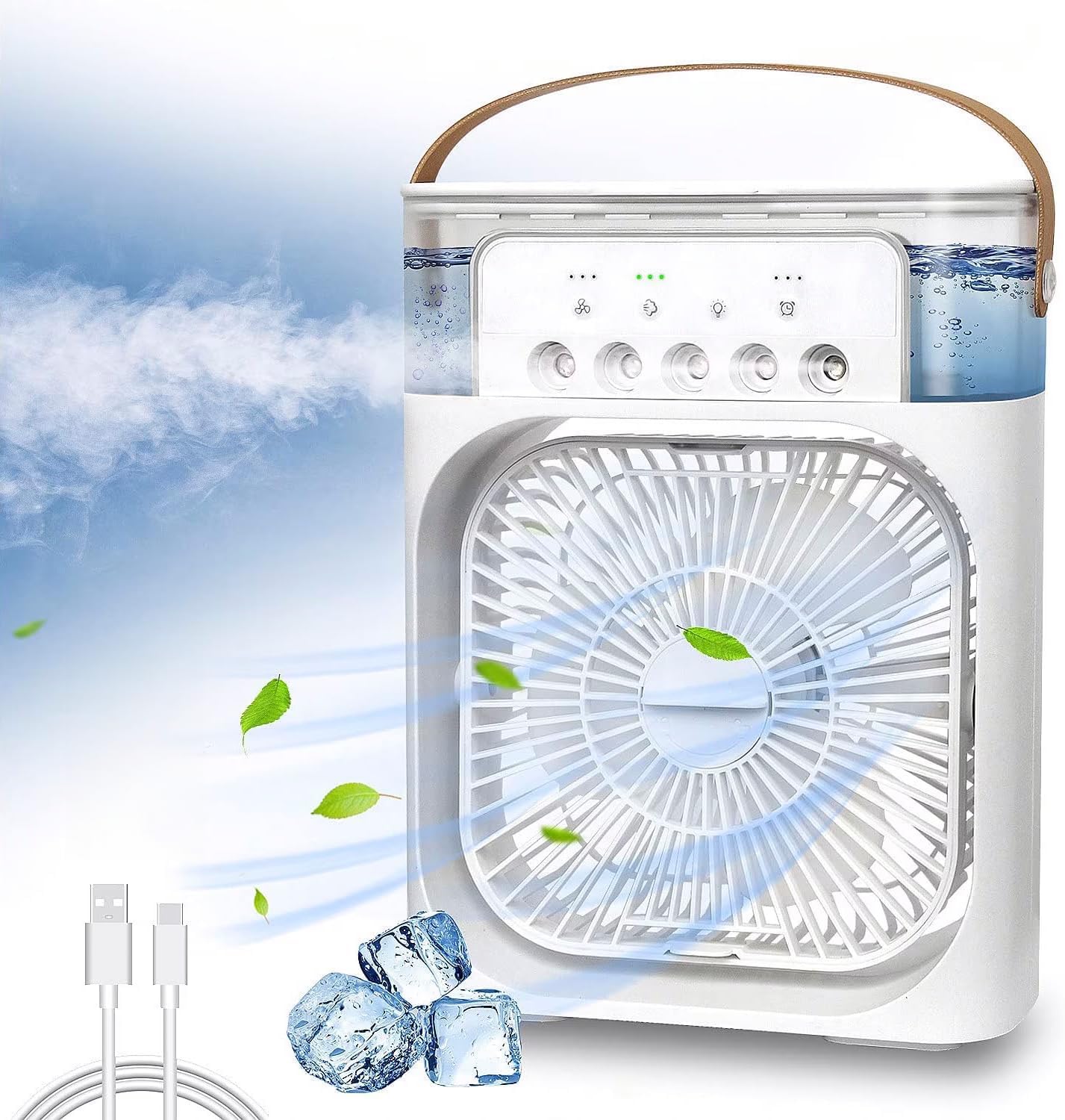 Ventilador USB-C de Mesa con Nebulizador de Agua y Difusor de Aromas, 3 Velocidades, Temporizador, 7 Colores LED, Silencioso y Portátil para Casa, Oficina, Camping y Viajes – Diseño Compacto y Fácil de Usar - 1