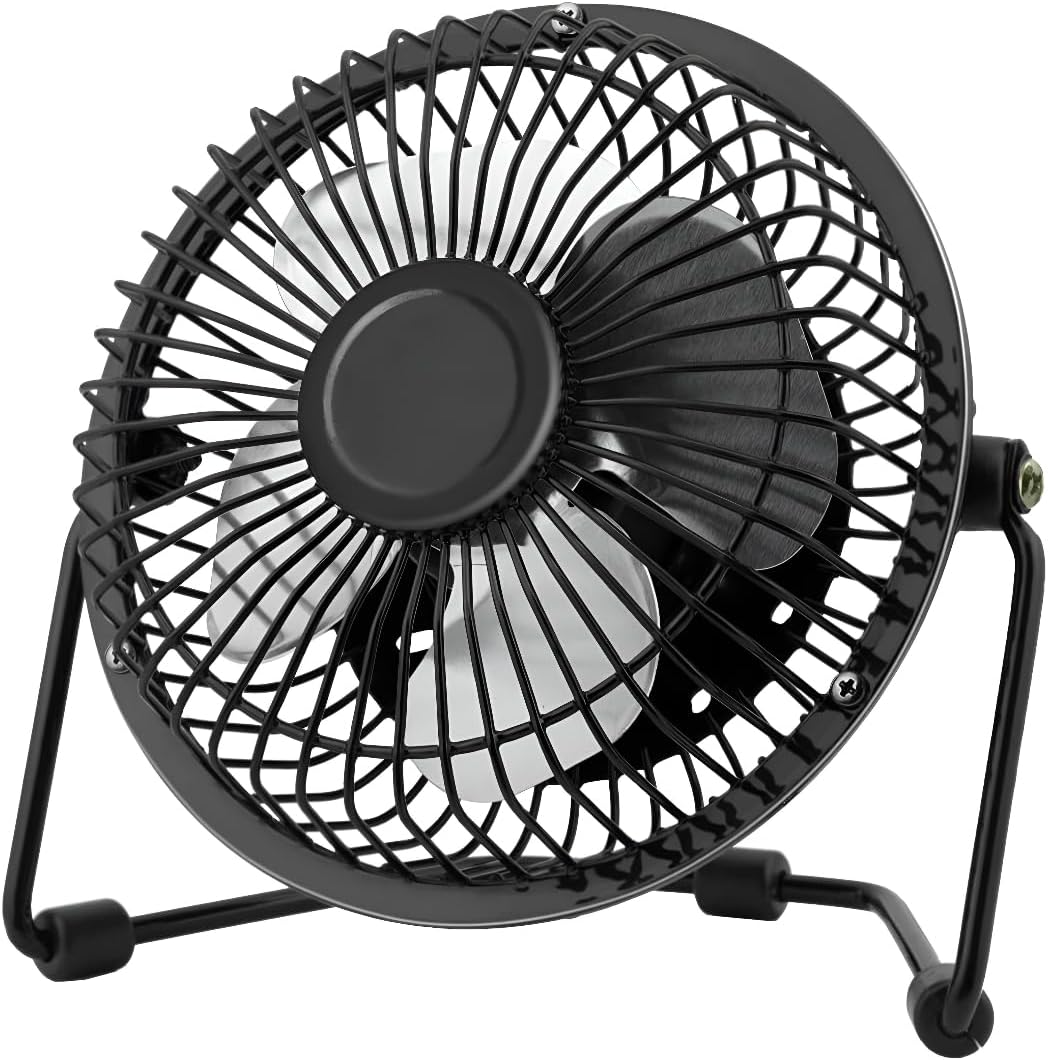 Criscolor Ventilador de Mesa 14 cm – Cabezal Ajustable con Rotación 360º, 5V-0,5W con USB, Aspas Metálicas, Potente y Silencioso, Ideal para Escritorio, Oficina, PC o Hogar – Diseño minimalista, Color Negro - 1