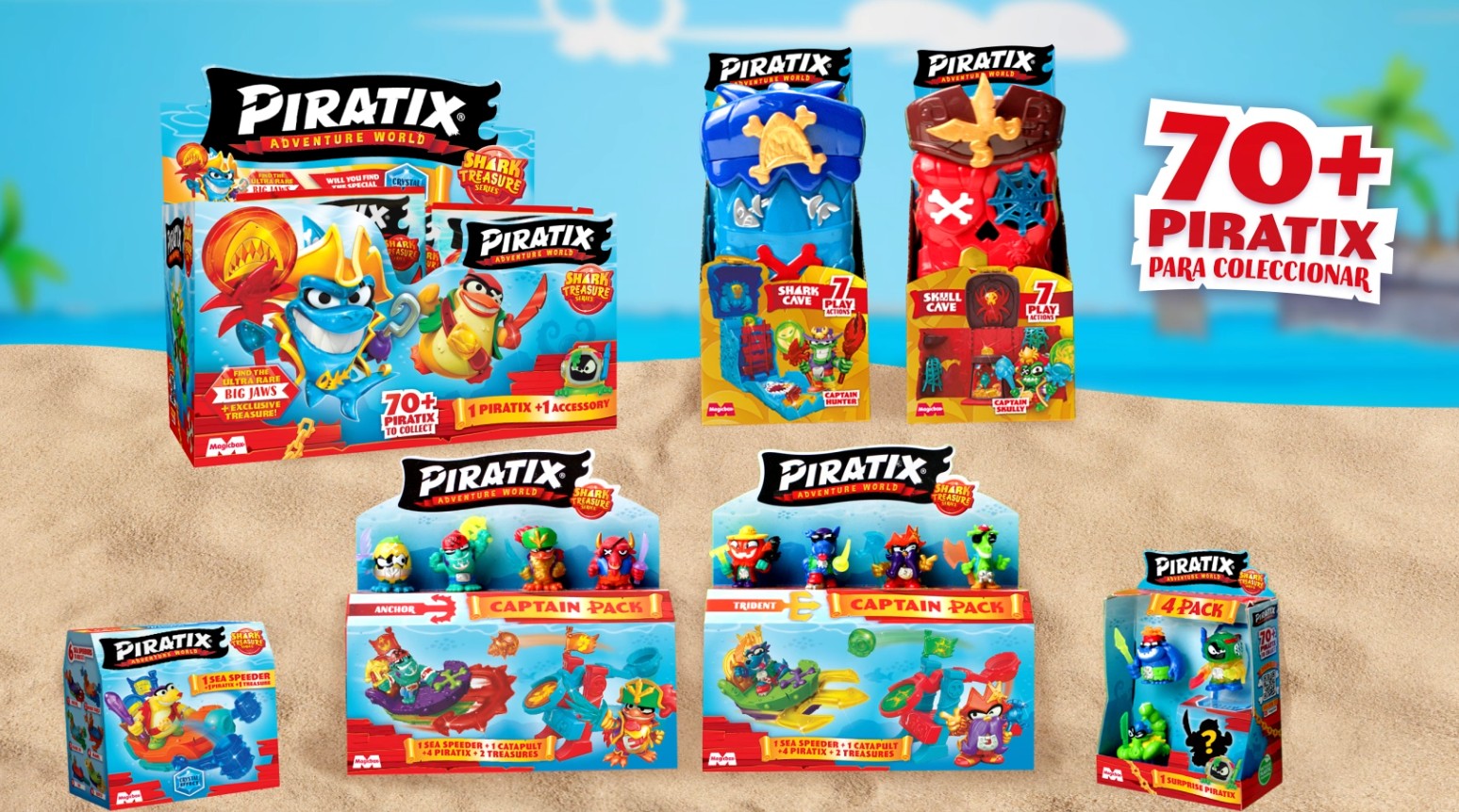 PIRATIX, ADVENTURE WORLD Secret Skull Cave y Shark Cave – Cueva secreta de Shark Island. Contiene 1 Skull Cave, 1 Shark Cave, 2 Piratix exclusivo, 4 accesorios (2 armas y 2 cetros), 2 arañas y 2 tesoros exclusivos - 1