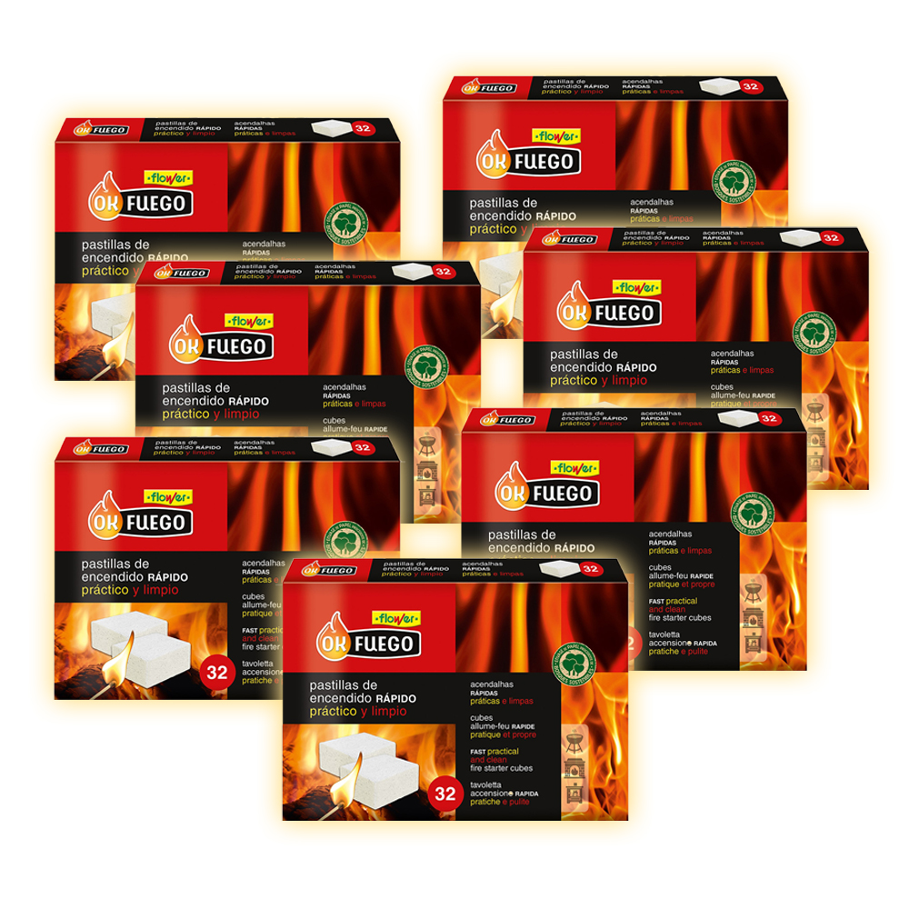 Pack de 7 cajas de 32 de Pastillas de encendido de fuego para chimeneas, estufas, barbacoas | Lote de 224 pastillas | OKFuego - 1