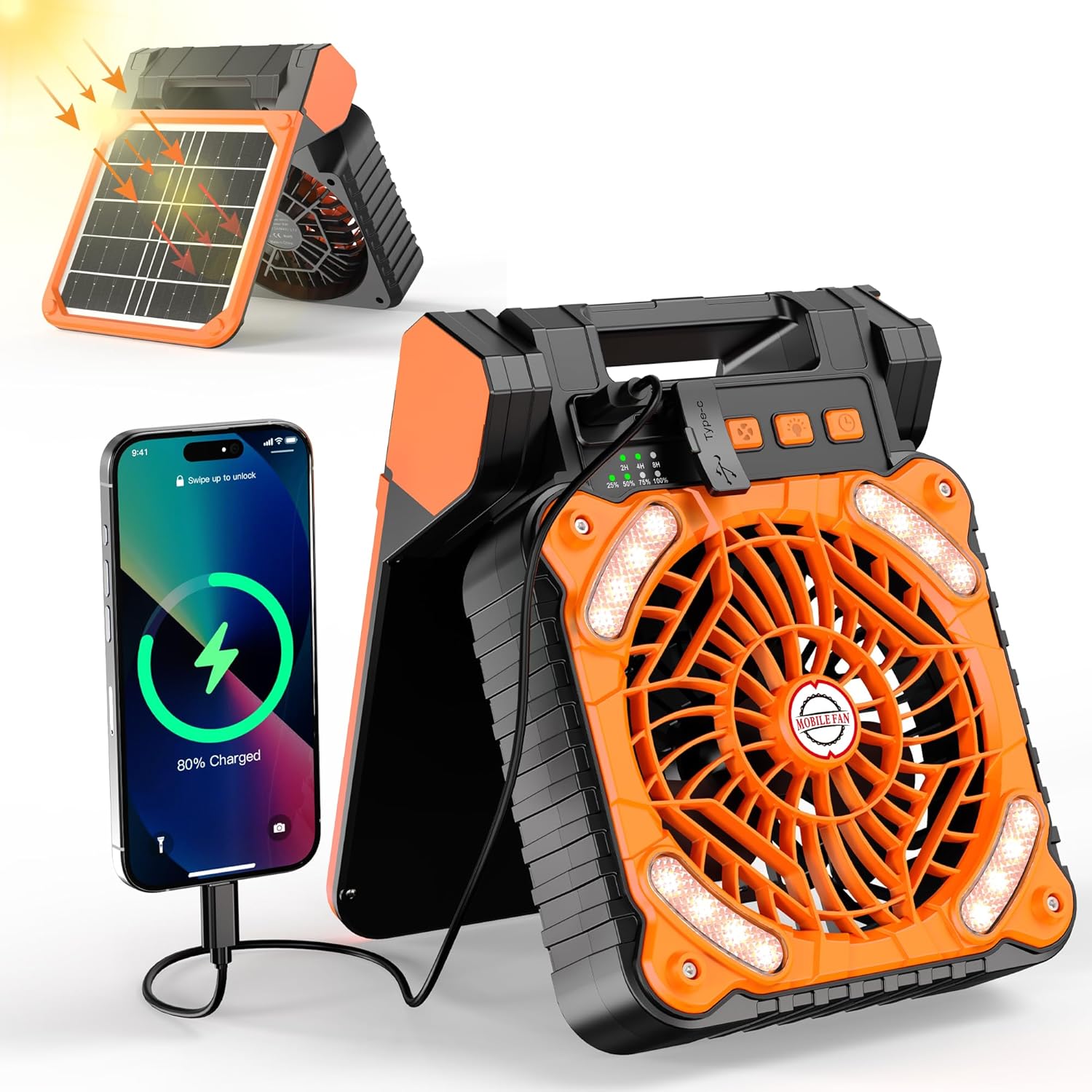 Ventilador solar de camping-Ventilador recargable a Pilas, 18 horas de funcionamiento Máximo, 4 velocidades, temporizador de 8 horas, ventilador De Mesa portátil ajustable en 90 ° para huracanes, apagones, uso en exteriores - 1
