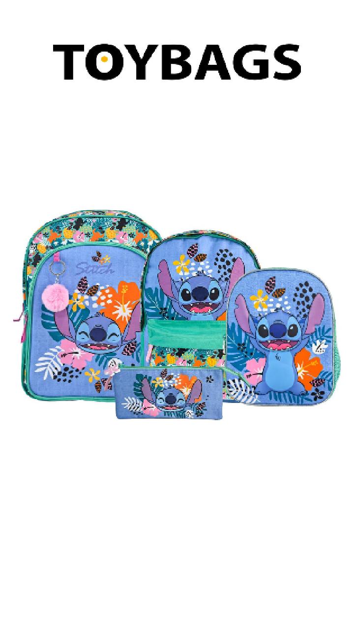 Mochila Escolar Stitch Tropical - Doble Compartimento - CON ACCESORIO POM-POM - Adaptable + CARRO ROSA TOYBAGS CON PROTECCION LATERAL Y STOPER FRONTAL ANTI CAIDA 4 ruedas giratorias - 44 X 30 X 20 CM - 1