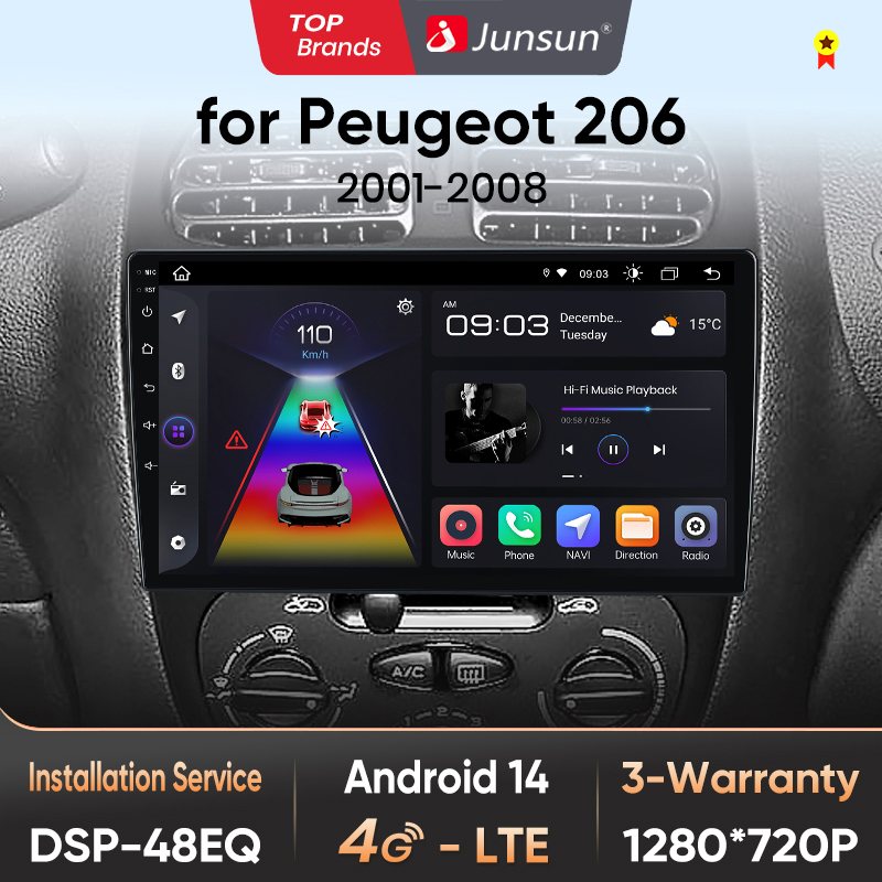 Junsun AI Voice Car Radio Stereo For Peugeot 206 CC SW 2001 2002 2003 2004 2005 2006 2007 2008 Car Auto Radio Built-In Wireless Carplay For Apple & Android Auto Automotive Multimedia Touch Screen 360 camera Car Intelligent Systems With GPS Navigation - 1