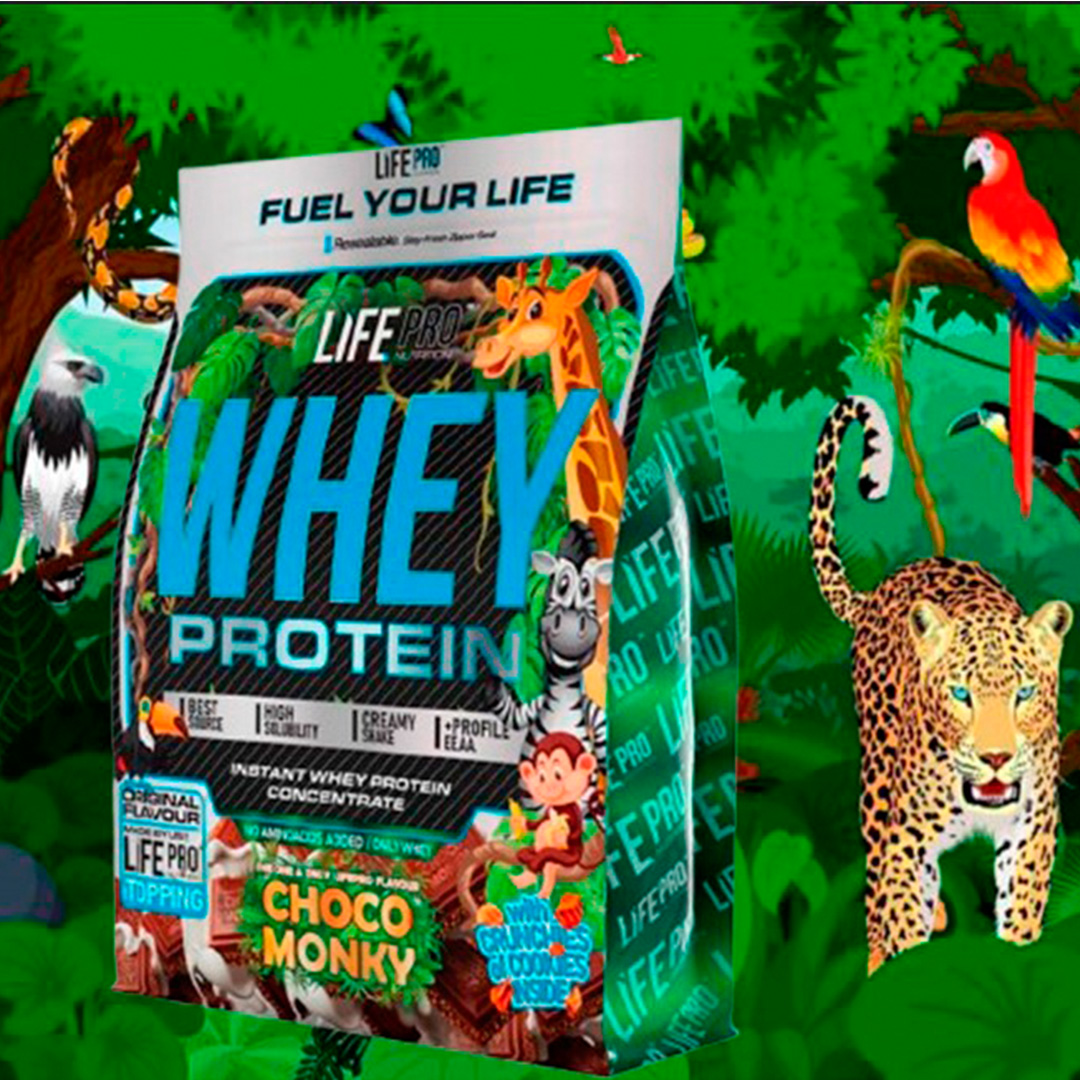 LIFE PRO NUTRITION WHEY CHOCO MONKY 1KG BAG EDITION - Formato Bolsa Ahorro - Sabor Exclusivo a Chocolatinas de la Infancia - 1